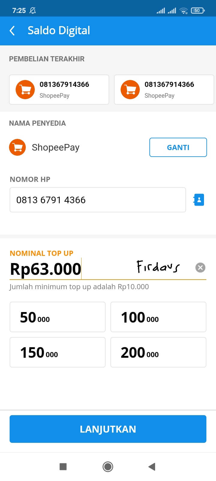 Masukkan nomor HP yang terdaftar di ShopeePay dan jumlah nominal uang yang akan Anda kirimkan