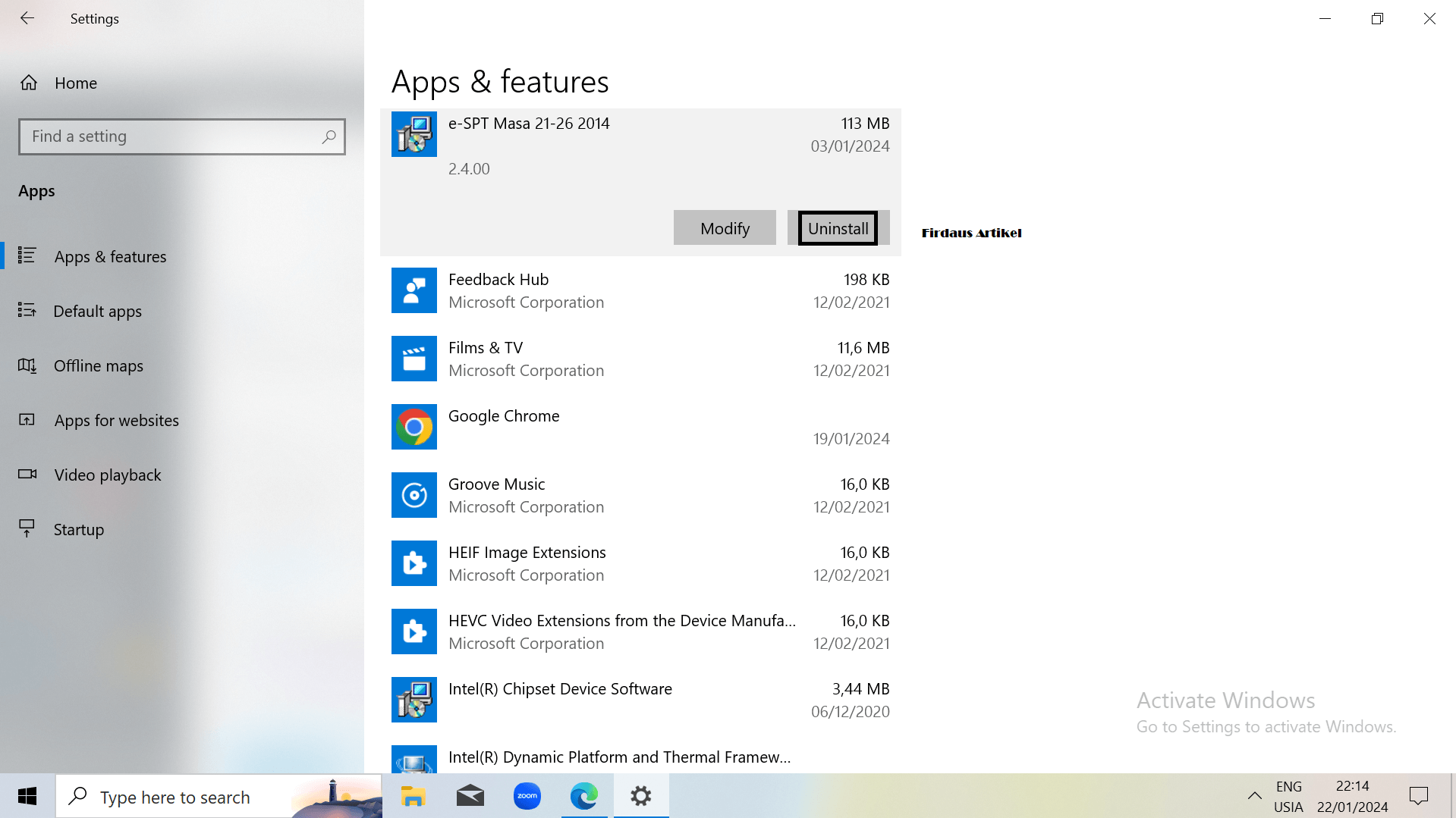 klik uninstall pada salah satu aplikasi