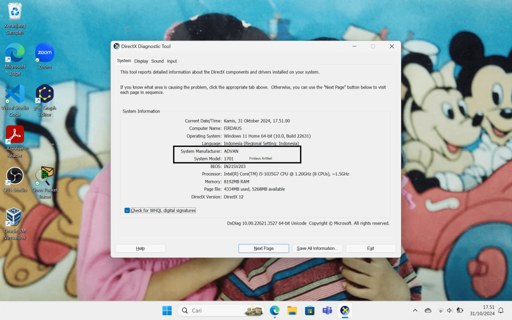 cara mengetahui model motherboard dengan DirectX Diagnostic Tool