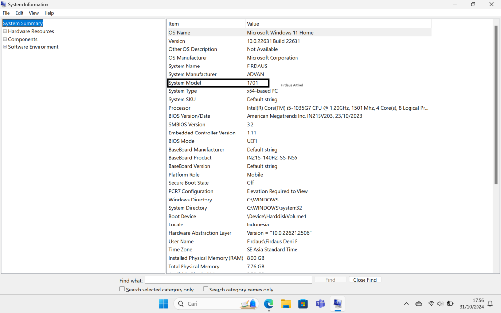 cek motherboard via system information