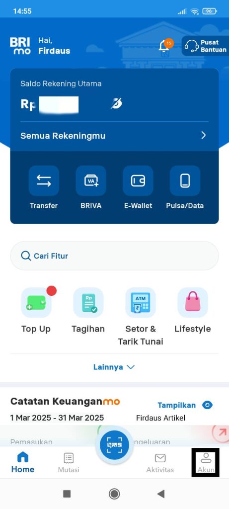 Cara Mengubah PIN ATM BRI Tanpa Harus ke ATM/Bank 4 Pilih menu akun