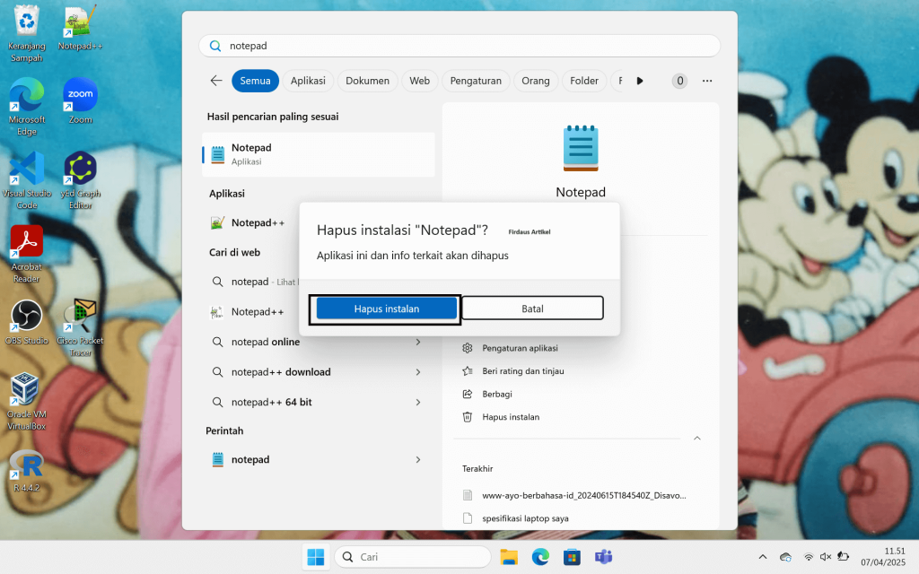 Cara Uninstall Notepad di Windows 11 5 pilih hapus instalan