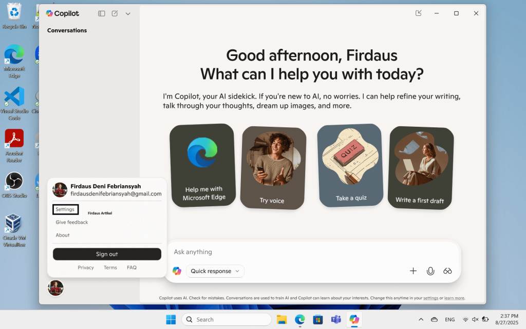 Cara Aktifkan File Search di Copilot Windows 11, Cari File Lebih Akurat 2 Buka aplikasi Copilot, klik bagian profile, lalu pilih settings.