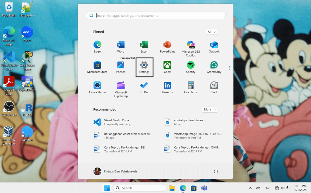 klik start lalu pilih settings