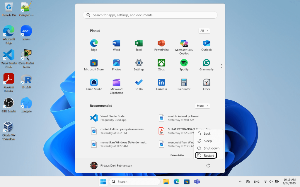 restart laptop Windows melalui start