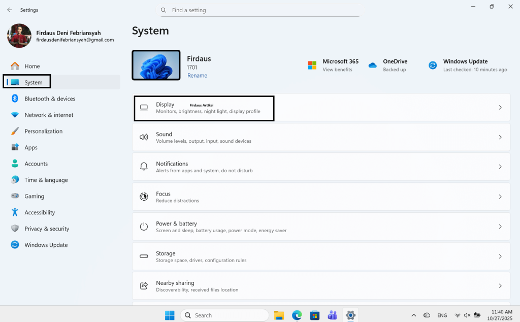 pilih system lalu display