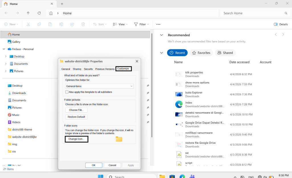 pilih customize lalu klik change icon